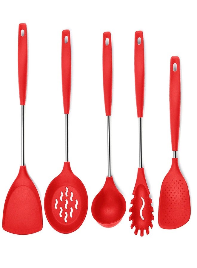 FS COOL Soup Ladle - Spaghetti Spoon - Serving Spoon - Skimmer Spoon for Frying - Nonstick Spatula - Kitchen Spoon Set for Cooking - Ladles for Cooking - Rice Spatula - Chamcha Set (Set of 5, Red) - Image 1